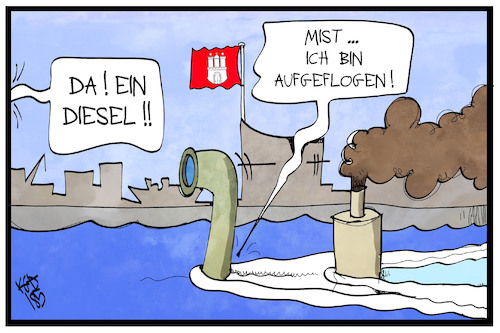 Cartoon: Diesel-Fahrverbot (medium) by Kostas Koufogiorgos tagged karikatur,koufogiorgos,illustration,cartoon,diesel,verbot,tarnung,uboot,verstecken,hafen,hamburg,fahrverbot,umwelt,verschmutzung,feinstaub,stickoxide,karikatur,koufogiorgos,illustration,cartoon,diesel,verbot,tarnung,uboot,verstecken,hafen,hamburg,fahrverbot,umwelt,verschmutzung,feinstaub,stickoxide