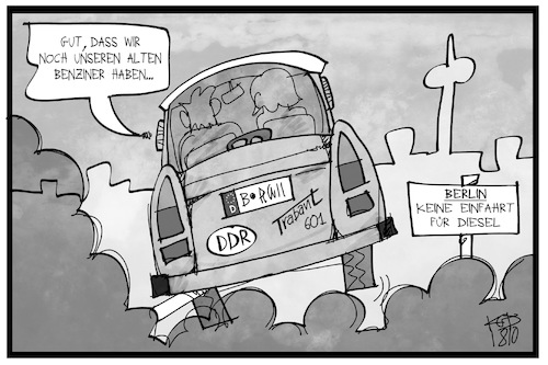Cartoon: Dieselfahrverbot in Berlin (medium) by Kostas Koufogiorgos tagged karikatur,koufogiorgos,illustration,cartoon,diesel,fahrverbot,trabi,auto,co2,umwelt,berlin,luftverschmutzung,karikatur,koufogiorgos,illustration,cartoon,diesel,fahrverbot,trabi,auto,co2,umwelt,berlin,luftverschmutzung