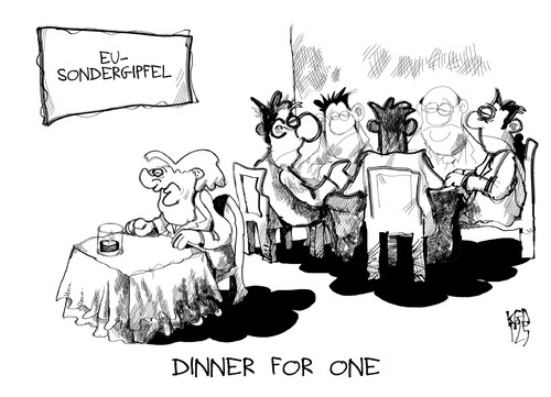 Cartoon: Dinner for one (medium) by Kostas Koufogiorgos tagged dinner,for,one,merkel,isolation,eu,sondergipfel,europa,schulden,euro,krise,wirtschaft,politik,karikatur,kostas,koufogiorgos,dinner for one,isolation,eu,sondergipfel,schulden,euro,krise,dinner,for,one