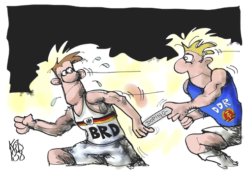 Cartoon: Doping in der BRD (medium) by Kostas Koufogiorgos tagged brd,ddr,sport,doping,wende,staffel,lauf,betrug,korruption,karikatur,koufogiorgos,brd,ddr,sport,doping,wende,staffel,lauf,betrug,korruption,karikatur,koufogiorgos