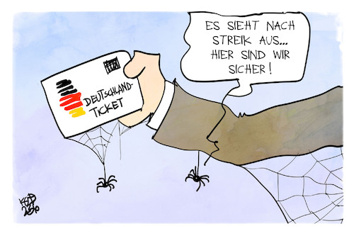Cartoon: Drohender Bahnstreik (medium) by Kostas Koufogiorgos tagged karikatur,koufogiorgos,streik,spinne,deutschlandticket,bahnstreik,karikatur,koufogiorgos,streik,spinne,deutschlandticket,bahnstreik