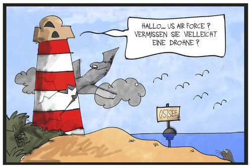 Cartoon: Drohnen über Ostsee (medium) by Kostas Koufogiorgos tagged karikatur,koufogiorgos,illustration,cartoon,ostsee,usa,drohne,küste,leuchtturm,air,force,aufklärungsflug,militär,karikatur,koufogiorgos,illustration,cartoon,ostsee,usa,drohne,küste,leuchtturm,air,force,aufklärungsflug,militär