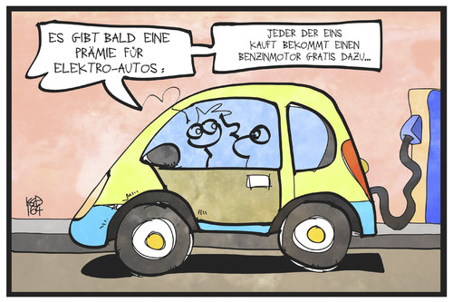 Cartoon: E-Mobilität (medium) by Kostas Koufogiorgos tagged karikatur,koufogiorgos,illustration,cartoon,elektro,auto,verkehr,motor,antrieb,subvention,förderung,kauf,automobilindustrie,karikatur,koufogiorgos,illustration,cartoon,elektro,auto,verkehr,motor,antrieb,subvention,förderung,kauf,automobilindustrie