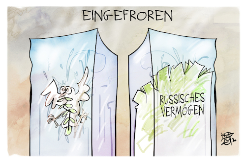 Cartoon: Eingefroren (medium) by Kostas Koufogiorgos tagged karikatur,koufogiorgos,eingefroren,russland,friedenstaube,kalt,krieg,geld,karikatur,koufogiorgos,eingefroren,russland,friedenstaube,kalt,krieg,geld