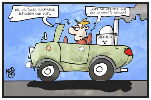 Cartoon: Elektromobilität (medium) by Kostas Koufogiorgos tagged karikatur,koufogiorgos,illustration,cartoon,elektromobilitaet,auto,eauto,akw,atomkraft,kaufprämie,förderung,kernenergie,autofahrer,kunde,verbraucher,strom,karikatur,koufogiorgos,illustration,cartoon,elektromobilitaet,auto,eauto,akw,atomkraft,kaufprämie,förderung,kernenergie,autofahrer,kunde,verbraucher,strom