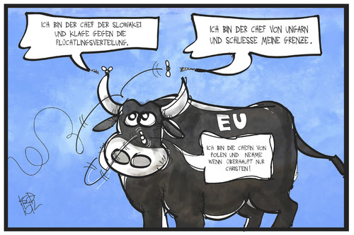 Cartoon: EU-Flüchtlingspolitik (medium) by Kostas Koufogiorgos tagged eu,cartoon,illustration,koufogiorgos,karikatur,flüchtlingspolitk,mitgliedsstaaten,polen,slowakei,ungarn,quälgeist,nerven,fliege,stier,europa,karikatur,koufogiorgos,illustration,cartoon,eu,europa,stier,fliege,nerven,quälgeist,ungarn,slowakei,polen,mitgliedsstaaten,flüchtlingspolitk