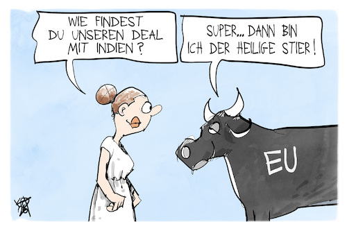 Cartoon: EU und Indien (medium) by Kostas Koufogiorgos tagged karikatur,koufogiorgos,indien,europa,stier,eu,freihandel,kuh,heilig,karikatur,koufogiorgos,indien,europa,stier,eu,freihandel,kuh,heilig