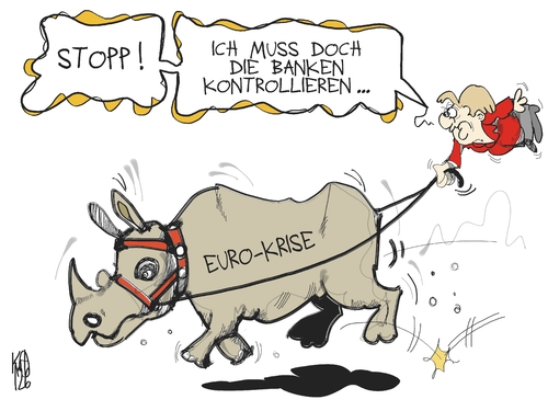 Cartoon: Euro- und Bankenkrise (medium) by Kostas Koufogiorgos tagged koufogiorgos,kostas,rhinozeross,karikatur,wirtschaft,merkel,banken,krise,schulden,euro,euro,schulden,banken,krise,merkel