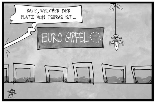 Cartoon: Euro-Gipfel (medium) by Kostas Koufogiorgos tagged karikatur,koufogiorgos,illustration,cartoon,tsipras,eurogruppe,gipfel,damokles,schwert,sitz,platz,politik,europa,griechenland,karikatur,koufogiorgos,illustration,cartoon,tsipras,eurogruppe,gipfel,damokles,schwert,sitz,platz,politik,europa,griechenland