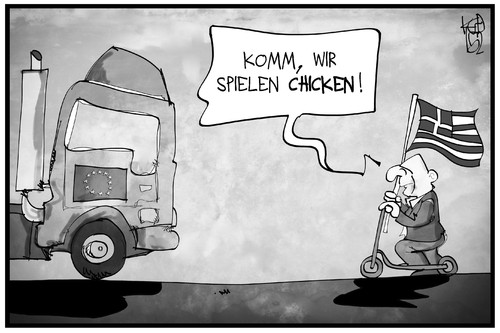 Cartoon: Eurogruppe vs. Varoufakis (medium) by Kostas Koufogiorgos tagged karikatur,koufogiorgos,illustration,cartoon,varoufakis,griechenland,euro,gruppe,europa,eu,chicken,game,spiel,lkw,tretroller,duell,gegner,politik,karikatur,koufogiorgos,illustration,cartoon,varoufakis,griechenland,euro,gruppe,europa,eu,chicken,game,spiel,lkw,tretroller,duell,gegner,politik