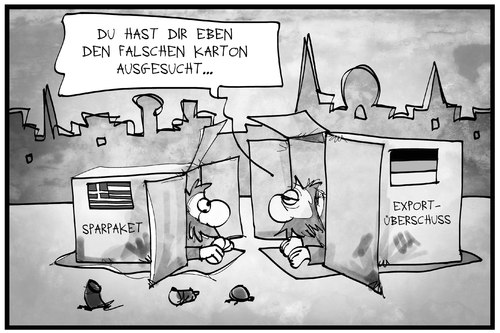 Cartoon: Exportüberschuss (medium) by Kostas Koufogiorgos tagged karikatur,koufogiorgos,illustration,cartoon,export,überschuss,griechenland,deutschland,sparpaket,karton,obdachlosigkeit,armut,wirtschaft,bilanz,import,karikatur,koufogiorgos,illustration,cartoon,export,überschuss,griechenland,deutschland,sparpaket,karton,obdachlosigkeit,armut,wirtschaft,bilanz,import