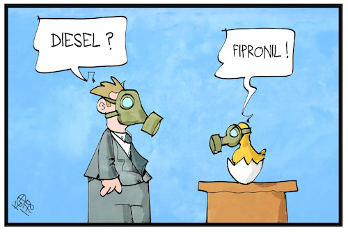 Cartoon: Fipronil-Gate (medium) by Kostas Koufogiorgos tagged karikatur,koufogiorgos,illustration,cartoon,eier,skandal,fipronil,lebensmittel,diesel,gasmaske,atemschutz,gesundheit,umwelt,küken,huhn,karikatur,koufogiorgos,illustration,cartoon,eier,skandal,fipronil,lebensmittel,diesel,gasmaske,atemschutz,gesundheit,umwelt,küken,huhn