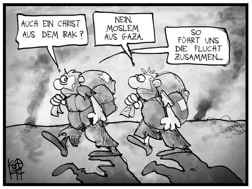 Cartoon: Flüchtlinge (medium) by Kostas Koufogiorgos tagged karikatur,koufogiorgos,illustration,cartoon,flüchtling,christ,moslem,islam,christentum,flucht,irak,gaza,krieg,konflikt,politik,karikatur,koufogiorgos,illustration,cartoon,flüchtling,christ,moslem,islam,christentum,flucht,irak,gaza,krieg,konflikt,politik