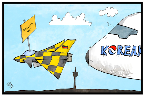 Cartoon: Flugverkehr (medium) by Kostas Koufogiorgos tagged karikatur,koufogiorgos,illustration,cartoon,flugverkehr,flugzeug,suedkorea,stuttgart,bundeswehr,abfangjäger,followme,luftfahrt,sicherheit,militär,karikatur,koufogiorgos,illustration,cartoon,flugverkehr,flugzeug,suedkorea,stuttgart,bundeswehr,abfangjäger,followme,luftfahrt,sicherheit,militär