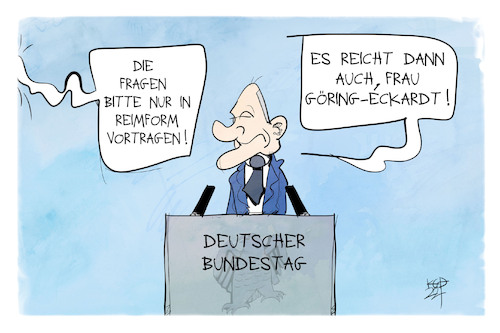 Cartoon: Fragestunde im Bundestag (medium) by Kostas Koufogiorgos tagged karikatur,koufogiorgos,illustration,cartoon,scholz,göring,eckardt,bundestag,reim,gedicht,parlamentspoet,karikatur,koufogiorgos,illustration,cartoon,scholz,göring,eckardt,bundestag,reim,gedicht,parlamentspoet