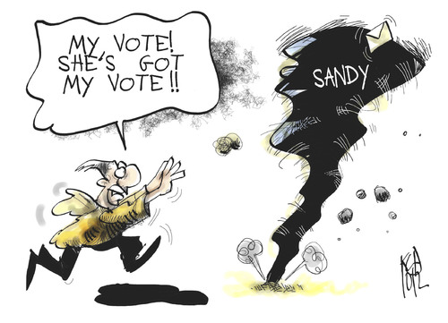 Cartoon: Frankenstorm Sandy (medium) by Kostas Koufogiorgos tagged usa,election,president,obama,romney,storm,sandy,frankenstorm,vote,nature,politics,cartoon,kostas,koufogiorgos,usa,election,president,obama,romney,storm,sandy,frankenstorm,vote,nature,politics,cartoon,kostas,koufogiorgos