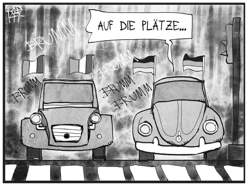 Cartoon: Frankreich gegen Deutschland (medium) by Kostas Koufogiorgos tagged karikatur,koufogiorgos,illustration,cartoon,frankreich,deutschland,wm,fussball,sport,auto,rennen,käfer,ente,vw,2cv,citroen,duell,karikatur,koufogiorgos,illustration,cartoon,frankreich,deutschland,wm,fussball,sport,auto,rennen,käfer,ente,vw,2cv,citroen,duell