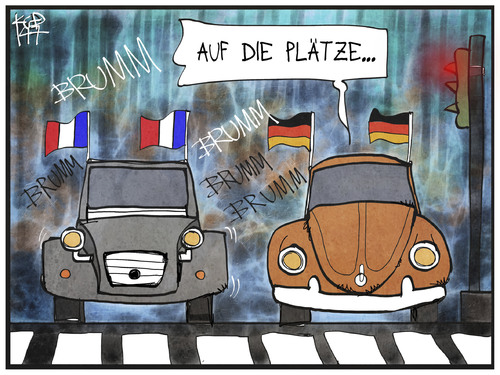 Cartoon: Frankreich gegen Deutschland (medium) by Kostas Koufogiorgos tagged karikatur,koufogiorgos,illustration,cartoon,frankreich,deutschland,wm,fussball,sport,auto,rennen,käfer,ente,vw,2cv,citroen,duell,karikatur,koufogiorgos,illustration,cartoon,frankreich,deutschland,wm,fussball,sport,auto,rennen,käfer,ente,vw,2cv,citroen,duell