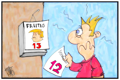 Cartoon: Freitag der 13. (medium) by Kostas Koufogiorgos tagged karikatur,koufogiorgos,cartoon,illustration,freitag,13,unglück,trump,pech,kalender,aberglaube,usa,präsident,karikatur,koufogiorgos,cartoon,illustration,freitag,13,unglück,trump,pech,kalender,aberglaube,usa,präsident