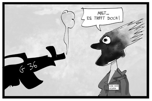 Cartoon: G36 (medium) by Kostas Koufogiorgos tagged karikatur,koufogiorgos,illustration,cartoon,von,der,leyen,gewehr,prozess,heckler,koch,treffsicherheit,treffen,politik,bundeswehr,rüstung,karikatur,koufogiorgos,illustration,cartoon,von,der,leyen,gewehr,prozess,heckler,koch,treffsicherheit,treffen,politik,bundeswehr,rüstung