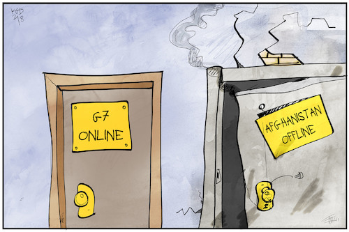 Cartoon: G7 Online (medium) by Kostas Koufogiorgos tagged karikatur,koufogiorgos,illustration,cartoon,g7,online,offline,afghanistan,gipfel,karikatur,koufogiorgos,illustration,cartoon,g7,online,offline,afghanistan,gipfel