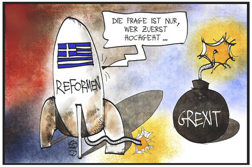 Cartoon: Griechenland (medium) by Kostas Koufogiorgos tagged karikatur,koufogiorgos,illustration,cartoon,griechenland,reform,rakete,bombe,grexit,euro,europa,bankrott,wettlauf,zeit,politik,karikatur,koufogiorgos,illustration,cartoon,griechenland,reform,rakete,bombe,grexit,euro,europa,bankrott,wettlauf,zeit,politik