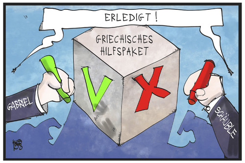 Cartoon: Griechisches Hilfspaket (medium) by Kostas Koufogiorgos tagged karikatur,koufogiorgos,illustration,cartoon,schäuble,gabriel,wirtschaftsministerium,finanzministerium,griechenland,hilfspaket,ja,nein,ablehung,zustimmung,politik,schuldenkrise,karikatur,koufogiorgos,illustration,cartoon,schäuble,gabriel,wirtschaftsministerium,finanzministerium,griechenland,hilfspaket,ja,nein,ablehung,zustimmung,politik,schuldenkrise