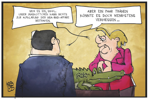 Cartoon: GroKo (medium) by Kostas Koufogiorgos tagged karikatur,koufogiorgos,illustration,cartoon,merkel,siggi,gabriel,groko,krokodil,krokodilstränen,bnd,nsa,affäre,regierung,koalition,kanzlerin,vizekanzler,maskottchen,skandal,politik,karikatur,koufogiorgos,illustration,cartoon,merkel,siggi,gabriel,groko,krokodil,krokodilstränen,bnd,nsa,affäre,regierung,koalition,kanzlerin,vizekanzler,maskottchen,skandal,politik