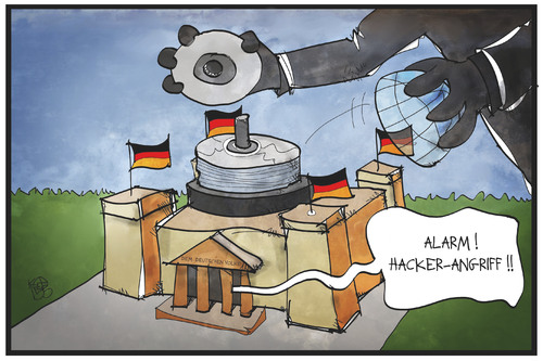 Cartoon: Hacker-Angriff (medium) by Kostas Koufogiorgos tagged karikatur,koufogiorgos,illustration,cartoon,reichstag,bundestag,kuppel,dvd,daten,scheibe,hacker,angriff,cakebox,spionage,politik,karikatur,koufogiorgos,illustration,cartoon,reichstag,bundestag,kuppel,dvd,daten,scheibe,hacker,angriff,cakebox,spionage,politik