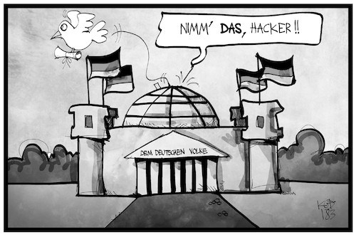 Cartoon: Hackerangriff (medium) by Kostas Koufogiorgos tagged karikatur,koufogiorgos,illustration,cartoon,bundeshack,cyber,angriff,brieftaube,kommunikation,internet,it,technologie,technik,bundestag,reichstag,berlin,außenministerium,hacker,cyberkrieg,karikatur,koufogiorgos,illustration,cartoon,bundeshack,cyber,angriff,brieftaube,kommunikation,internet,it,technologie,technik,bundestag,reichstag,berlin,außenministerium,hacker,cyberkrieg