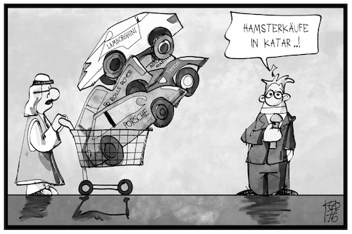 Cartoon: Hamsterkäufe in Katar (medium) by Kostas Koufogiorgos tagged karikatur,koufogiorgos,illustration,cartoon,katar,hamsterkauf,scheich,isolation,reporter,journalist,medien,bericht,einkaufen,auto,luxus,güter,wirtschaft,karikatur,koufogiorgos,illustration,cartoon,katar,hamsterkauf,scheich,isolation,reporter,journalist,medien,bericht,einkaufen,auto,luxus,güter,wirtschaft