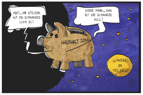 Cartoon: Haushalt 2016 (medium) by Kostas Koufogiorgos tagged karikatur,koufogiorgos,illustration,cartoon,schwein,sparschwein,weltall,haushalt,loch,null,schwarz,wirtschaft,politik,muppets,karikatur,koufogiorgos,illustration,cartoon,schwein,sparschwein,weltall,haushalt,loch,null,schwarz,wirtschaft,politik,muppets