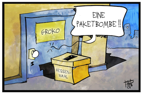 Cartoon: Hessen-Wahl (medium) by Kostas Koufogiorgos tagged karikatur,koufogiorgos,illustration,cartoon,hessen,wahl,paket,bombe,groko,bedrohung,politik,demokratie,karikatur,koufogiorgos,illustration,cartoon,hessen,wahl,paket,bombe,groko,bedrohung,politik,demokratie