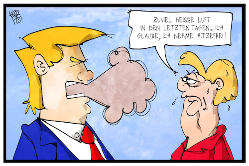 Cartoon: Hitzefrei (medium) by Kostas Koufogiorgos tagged karikatur,koufogiorgos,illustration,cartoon,trump,merkel,heiss,hitze,luft,hitzefrei,wetter,klima,beziehung,schwitzen,karikatur,koufogiorgos,illustration,cartoon,trump,merkel,heiss,hitze,luft,hitzefrei,wetter,klima,beziehung,schwitzen