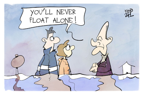 Cartoon: Hochwasserhilfe (medium) by Kostas Koufogiorgos tagged karikatur,koufogiorgos,hochwasser,scholz,hilfe,regen,flut,karikatur,koufogiorgos,hochwasser,scholz,hilfe,regen,flut