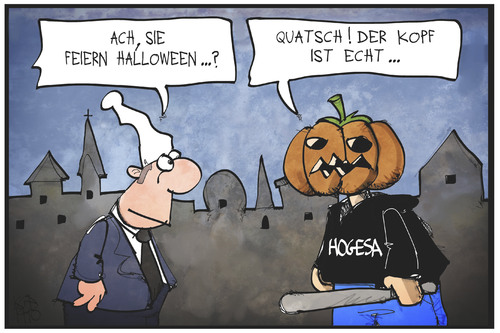 Cartoon: HoGeSa (medium) by Kostas Koufogiorgos tagged karikatur,koufogiorgos,illustration,cartoon,hogesa,halloween,kürbis,kopf,verkleidung,gewalt,hooligan,extremismus,michel,karikatur,koufogiorgos,illustration,cartoon,hogesa,halloween,kürbis,kopf,verkleidung,gewalt,hooligan,extremismus,michel