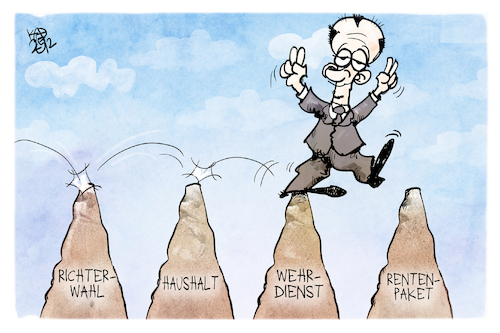 Cartoon: Hürdenlauf (medium) by Kostas Koufogiorgos tagged karikatur,koufogiorgos,hürde,gipfel,merz,rentenpaket,wehrdienst,haushalt,richterwahl,karikatur,koufogiorgos,hürde,gipfel,merz,rentenpaket,wehrdienst,haushalt,richterwahl