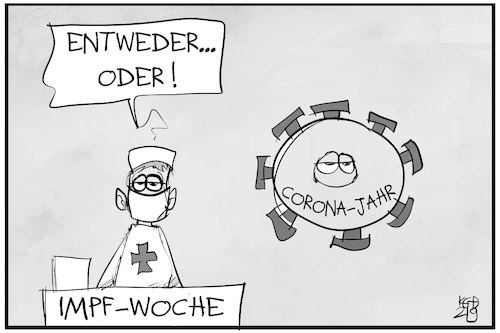 Cartoon: Impfwoche (medium) by Kostas Koufogiorgos tagged karikatur,koufogiorgos,illustration,cartoon,impfwoche,impfung,corona,pandemie,jahr,karikatur,koufogiorgos,illustration,cartoon,impfwoche,impfung,corona,pandemie,jahr