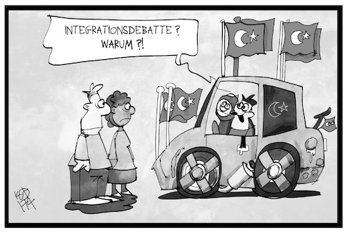 Cartoon: Integrationsdebatte (medium) by Kostas Koufogiorgos tagged karikatur,koufogiorgos,illustration,cartoon,integration,debatte,tuerkei,deutschland,fahne,flagge,patriotismus,karikatur,koufogiorgos,illustration,cartoon,integration,debatte,tuerkei,deutschland,fahne,flagge,patriotismus