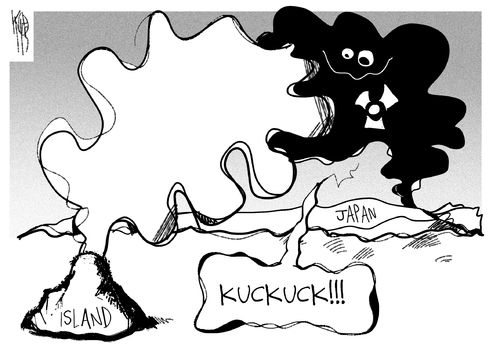 Cartoon: Island und Japan (medium) by Kostas Koufogiorgos tagged akw,atomkraft,japan,kernschmelze,radioaktivitaet,asche,wolke,island,vulkan,umwelt,fukushima,tepco