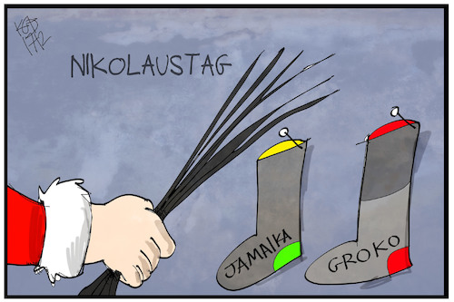 Cartoon: Jamaika oder Groko (medium) by Kostas Koufogiorgos tagged karikatur,koufogiorgos,illustration,cartoon,jamaika,groko,nikolaus,steifel,socke,nikolaustag,rute,regierungsbildung,koalition,politik,partei,demokratie,karikatur,koufogiorgos,illustration,cartoon,jamaika,groko,nikolaus,steifel,socke,nikolaustag,rute,regierungsbildung,koalition,politik,partei,demokratie