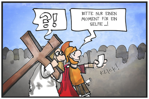 Cartoon: Karfreitag (medium) by Kostas Koufogiorgos tagged karikatur,koufogiorgos,illustration,cartoon,karfreitag,kreuzigung,römer,soldat,jesus,christus,christentum,selfie,digital,smartphone,religion,karikatur,koufogiorgos,illustration,cartoon,karfreitag,kreuzigung,römer,soldat,jesus,christus,christentum,selfie,digital,smartphone,religion