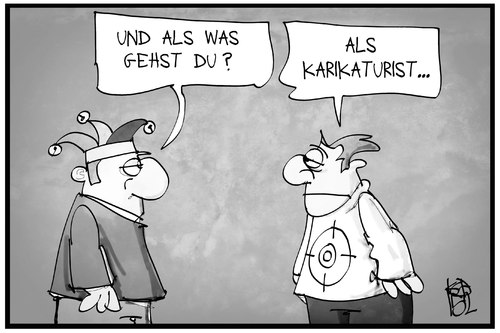 Cartoon: Karneval und Meinungsfreiheit (medium) by Kostas Koufogiorgos tagged karikatur,koufogiorgos,illustration,cartoon,karneval,narr,kostüm,verkleidung,karikaturist,zielscheibe,angriff,fasching,karikatur,koufogiorgos,illustration,cartoon,karneval,narr,kostüm,verkleidung,karikaturist,zielscheibe,angriff,fasching