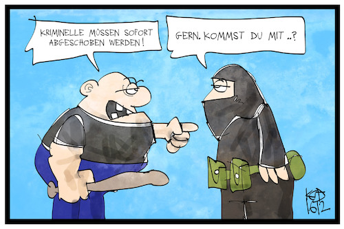 Cartoon: Kriminalität (medium) by Kostas Koufogiorgos tagged karikatur,koufogiorgos,illustration,cartoon,kriminell,kriminalität,abschieben,ausweisen,terrorist,gewalt,deutsch,ausländer,karikatur,koufogiorgos,illustration,cartoon,kriminell,kriminalität,abschieben,ausweisen,terrorist,gewalt,deutsch,ausländer