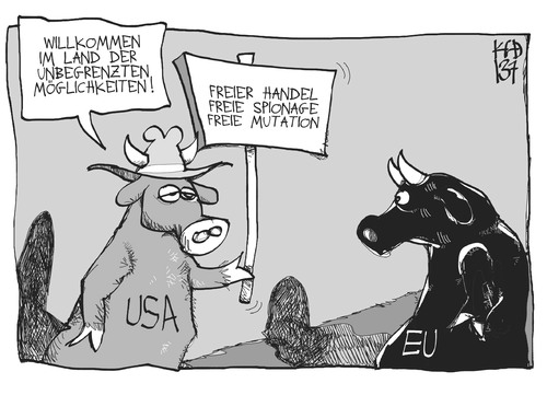 Cartoon: Land der Freiheit (medium) by Kostas Koufogiorgos tagged usa,eu,stier,mutation,abkommen,handel,freihandelsabkommen,wirtschaft,karikatur,koufogiorgos,usa,eu,stier,mutation,abkommen,handel,freihandelsabkommen,wirtschaft,karikatur,koufogiorgos