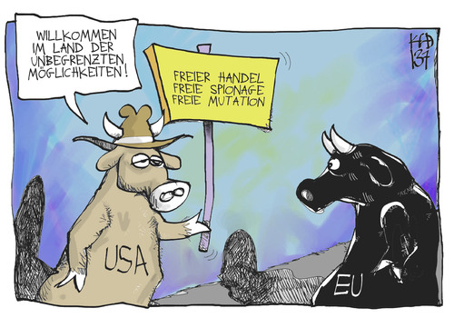 Cartoon: Land der Freiheit (medium) by Kostas Koufogiorgos tagged koufogiorgos,karikatur,wirtschaft,freihandelsabkommen,handel,abkommen,mutation,stier,eu,usa,usa,eu,stier,mutation,abkommen,handel,freihandelsabkommen,wirtschaft,karikatur,koufogiorgos