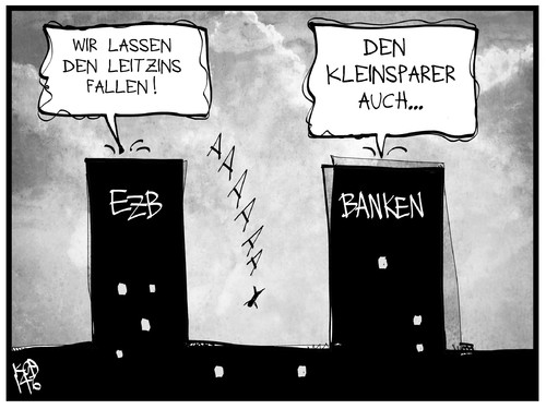 Cartoon: Leitzinssenkung (medium) by Kostas Koufogiorgos tagged karikatur,koufogiorgos,illustration,cartoon,ezb,bank,leitzins,zinsen,kleinsparer,geld,wirtschaft,selbstmord,zinspolitik,europa,zentralbank,frankfurt,karikatur,koufogiorgos,illustration,cartoon,ezb,bank,leitzins,zinsen,kleinsparer,geld,wirtschaft,selbstmord,zinspolitik,europa,zentralbank,frankfurt