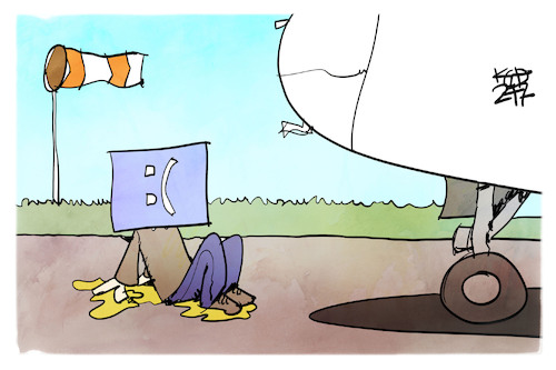 Cartoon: Letzte Generation (medium) by Kostas Koufogiorgos tagged karikatur,koufogiorgos,klimakleber,flughafen,bluescreen,it,windows,karikatur,koufogiorgos,klimakleber,flughafen,bluescreen,it,windows