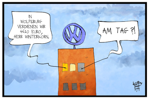 Cartoon: Löhne bei VW (medium) by Kostas Koufogiorgos tagged karikatur,koufogiorgos,illustration,cartoon,vw,volkswagen,wolfsburg,autobauer,winterkorn,lohn,gehalt,geld,zentrale,firmensitz,wirtschaft,karikatur,koufogiorgos,illustration,cartoon,vw,volkswagen,wolfsburg,autobauer,winterkorn,lohn,gehalt,geld,zentrale,firmensitz,wirtschaft