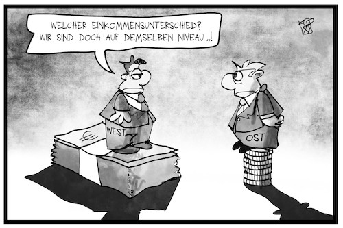 Cartoon: Lohn-Unterschiede (medium) by Kostas Koufogiorgos tagged karikatur,koufogiorgos,illustration,cartoon,lohn,gefälle,niveau,osten,westen,ungleichheit,geld,deutschland,ungerechtigkeit,karikatur,koufogiorgos,illustration,cartoon,lohn,gefälle,niveau,osten,westen,ungleichheit,geld,deutschland,ungerechtigkeit